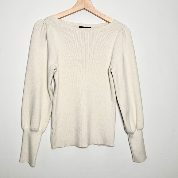 Ann Taylor Pearlized Button Cuff Balloon Sleeve Ivory Cream Sweater Sz L - Picture 2 of 8